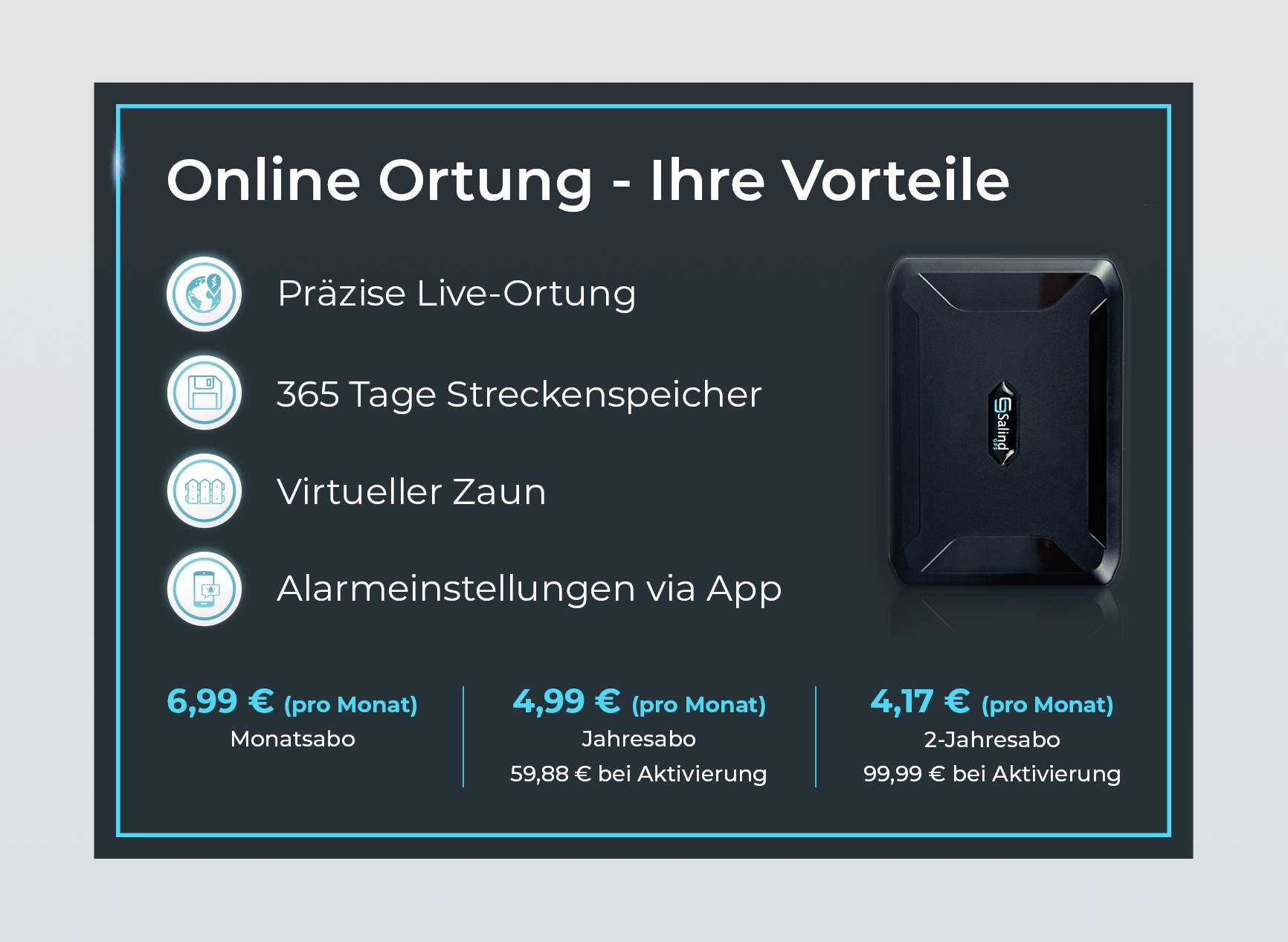 'Annuncio per servizio di localizzazione online: Localizzazione live precisa, archivio tracciato 365 giorni, Recinto virtuale, Allarmi tramite app. Prezzi: 6,99 EUR mensili, 4,99 EUR annuali, 4,17 EUR con abbonamento biennale.'