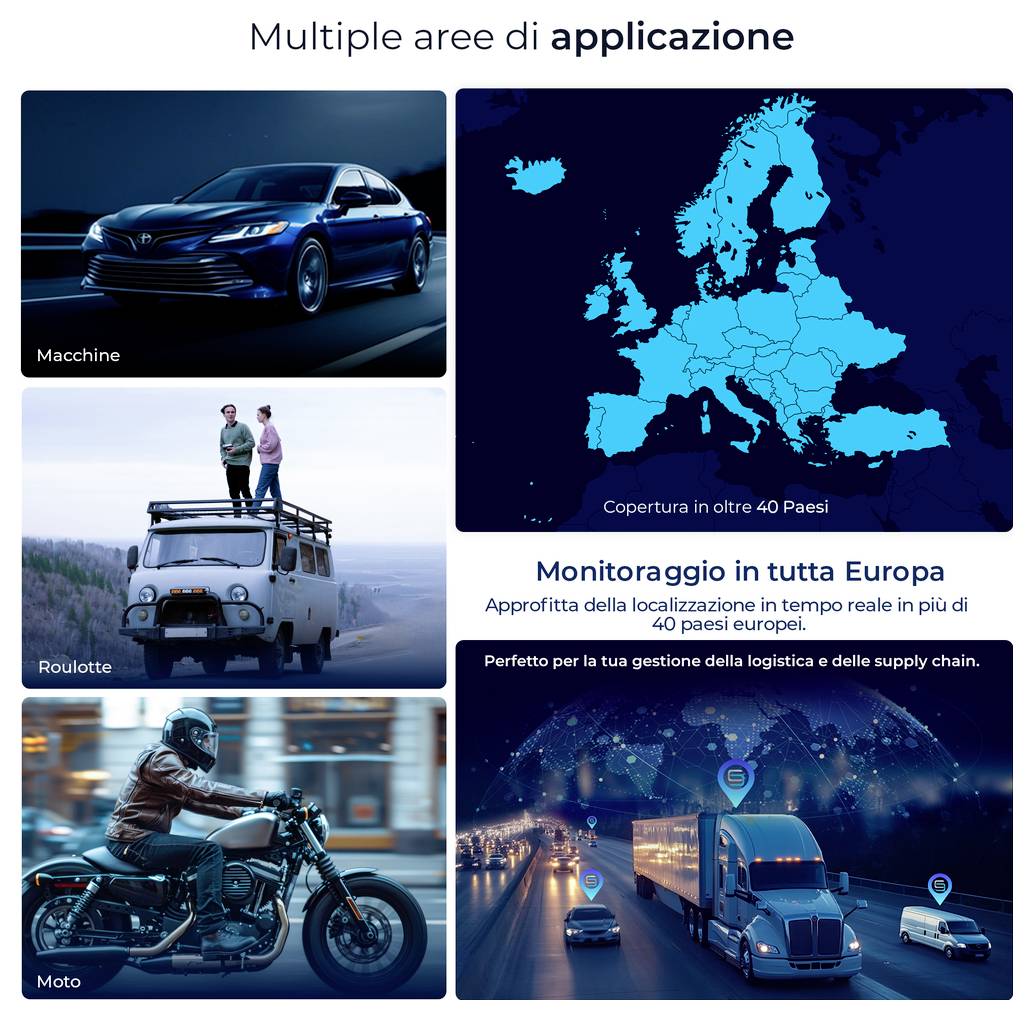 Immagine del prodotto di un Salind GPS-Tracker con confezione e app per smartphone: localizzazione di un'auto su una mappa.