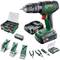 Set di avvitatore a batteria con avvitatore verde, caricabatterie, valigetta degli attrezzi, punte, viti e pinze, marca Bosch.
