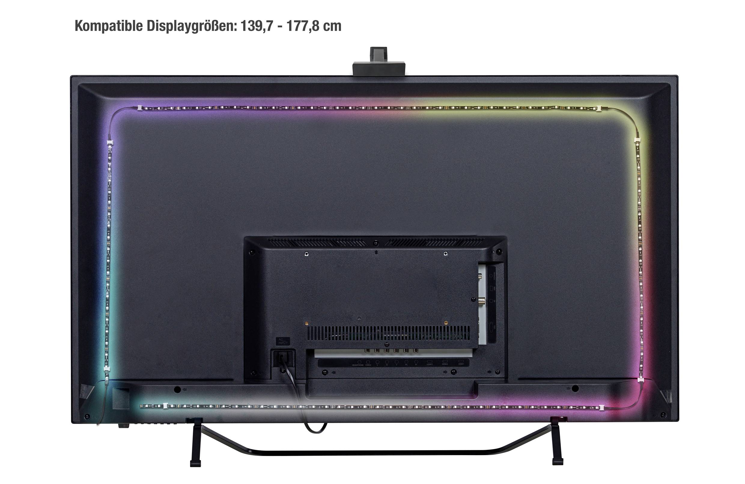 Vista posteriore di un televisore con luci LED colorate lungo i bordi. Testo: 'Dimensioni display compatibili: 139,7 - 177,8 cm'.