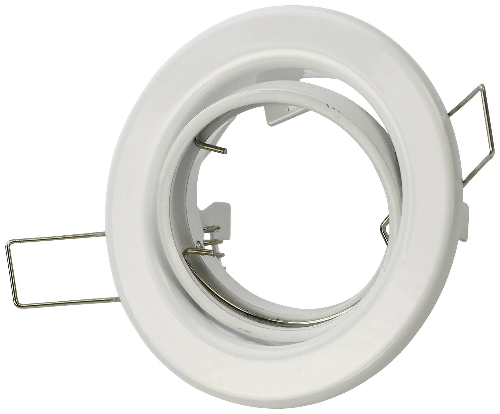Supporto bianco e rotondo per lampade, utilizzato per fissare faretti da soffitto, dotato di due morsetti metallici per il montaggio.