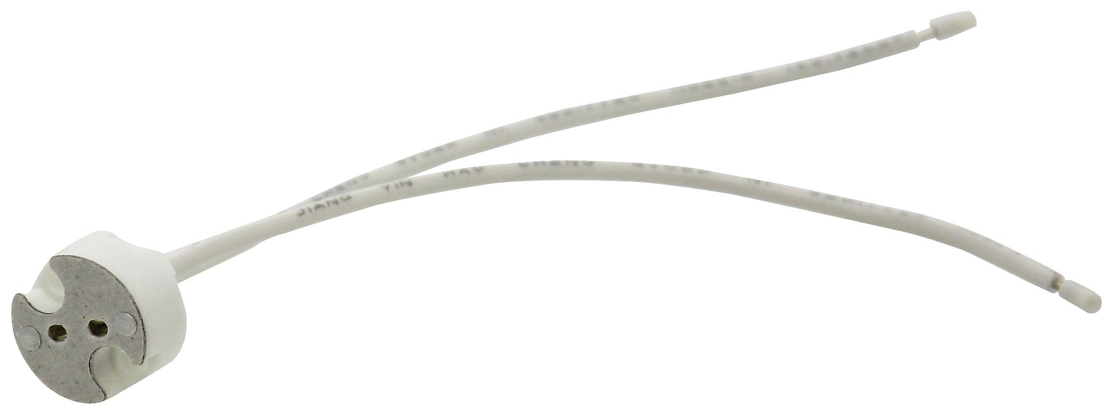 Portalampada ceramico con due cavi lunghi e isolati. Adatto per lampadine alogene G4 e GY6.35.