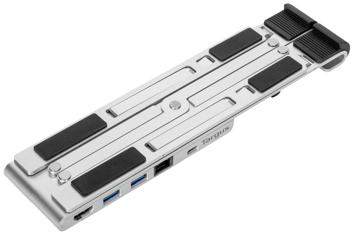 Un supporto pieghevole per laptop in metallo con superfici antiscivolo in gomma, porte USB e porta Ethernet sul lato.