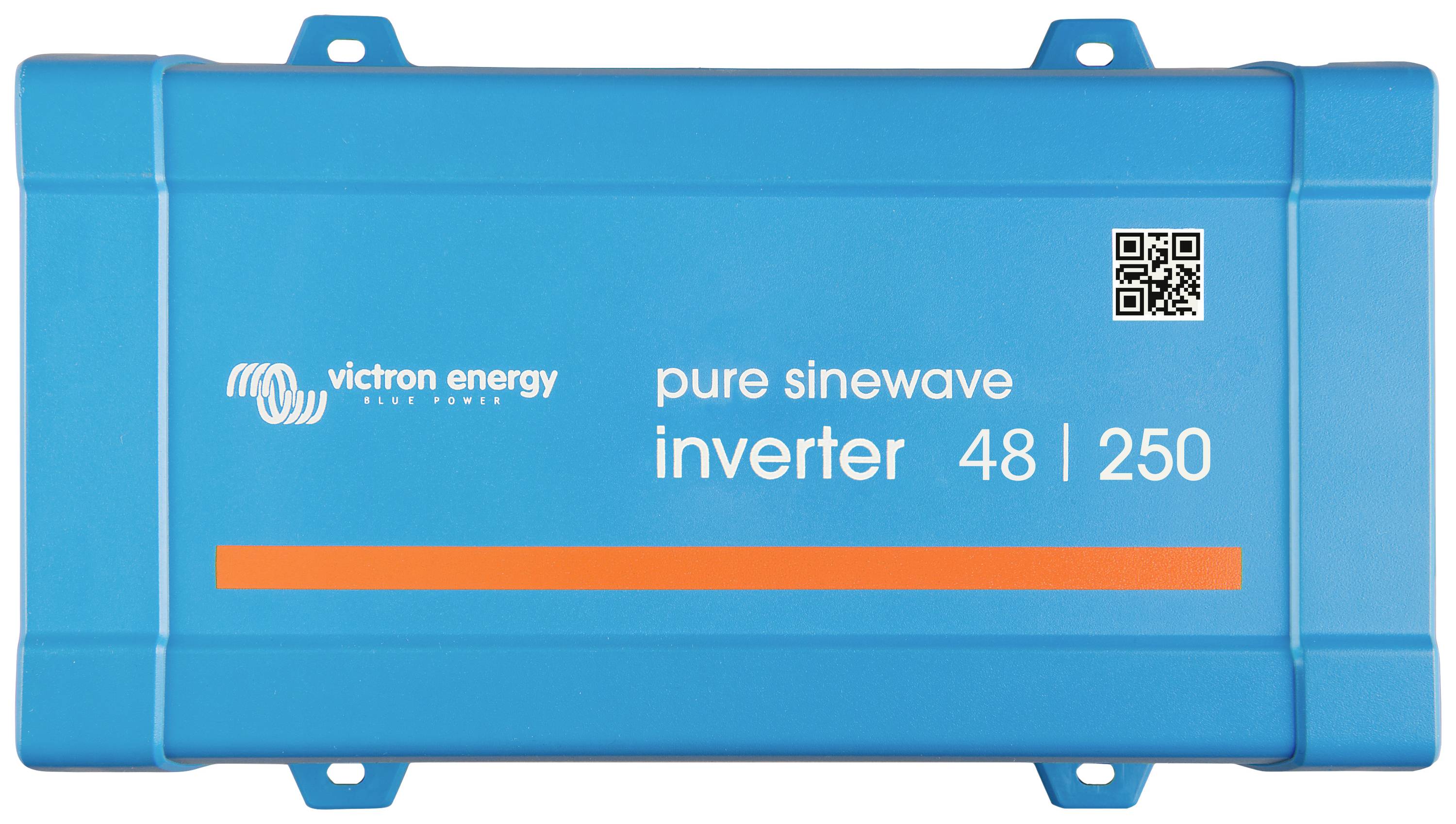Inverter blu Victron Energy, modello 'pure sinewave inverter 48/250', con codice QR.
