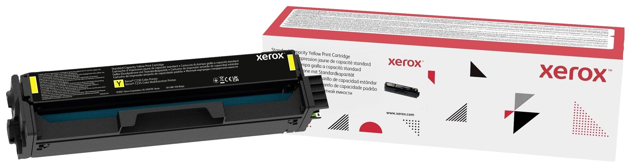 Cartuccia del toner Xerox accanto a un imballaggio corrispondente. La confezione mostra il logo e un motivo geometrico.