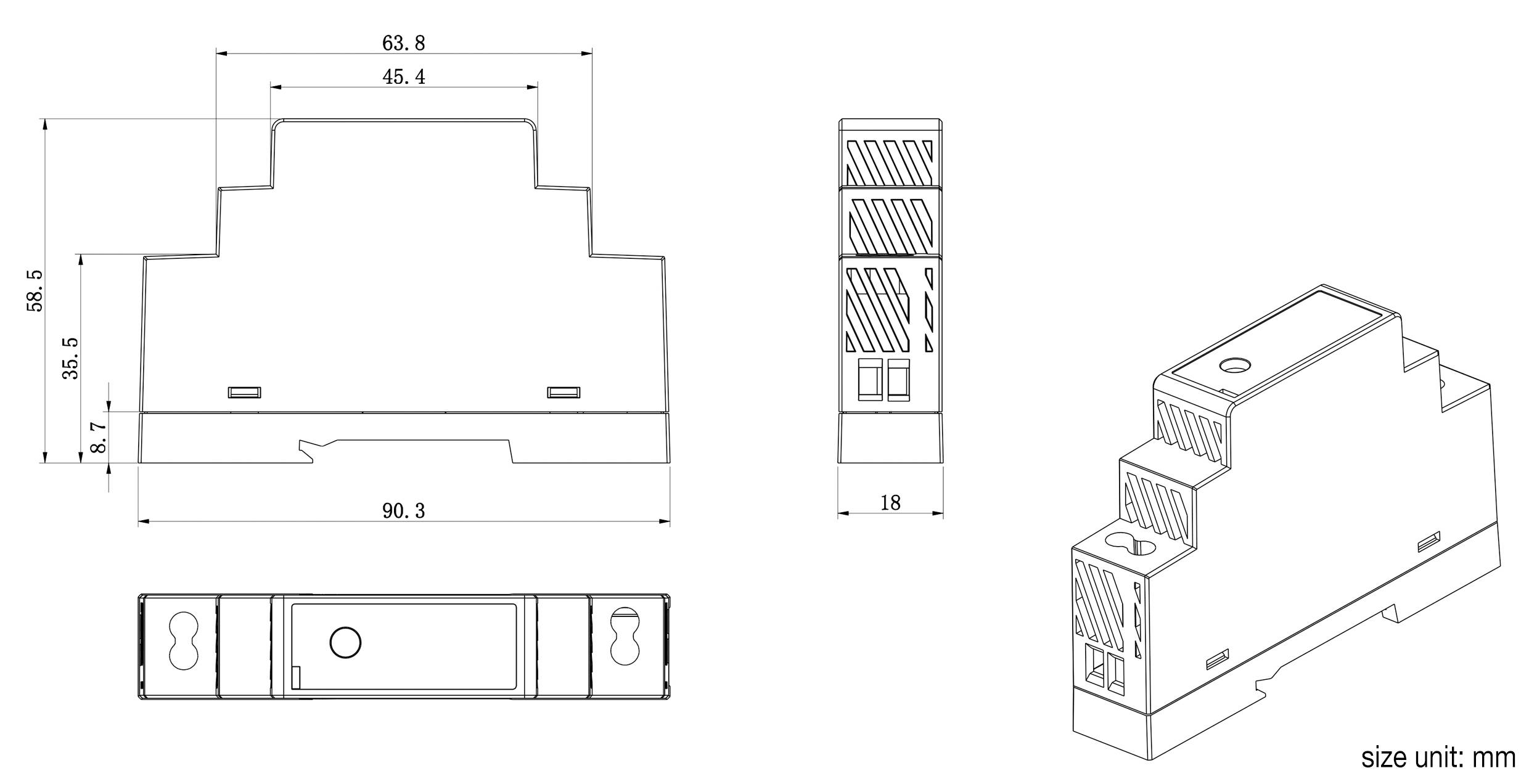 Disegno tecnico di un dispositivo elettrico. Contiene vista frontale, inferiore e laterale con misure in millimetri.