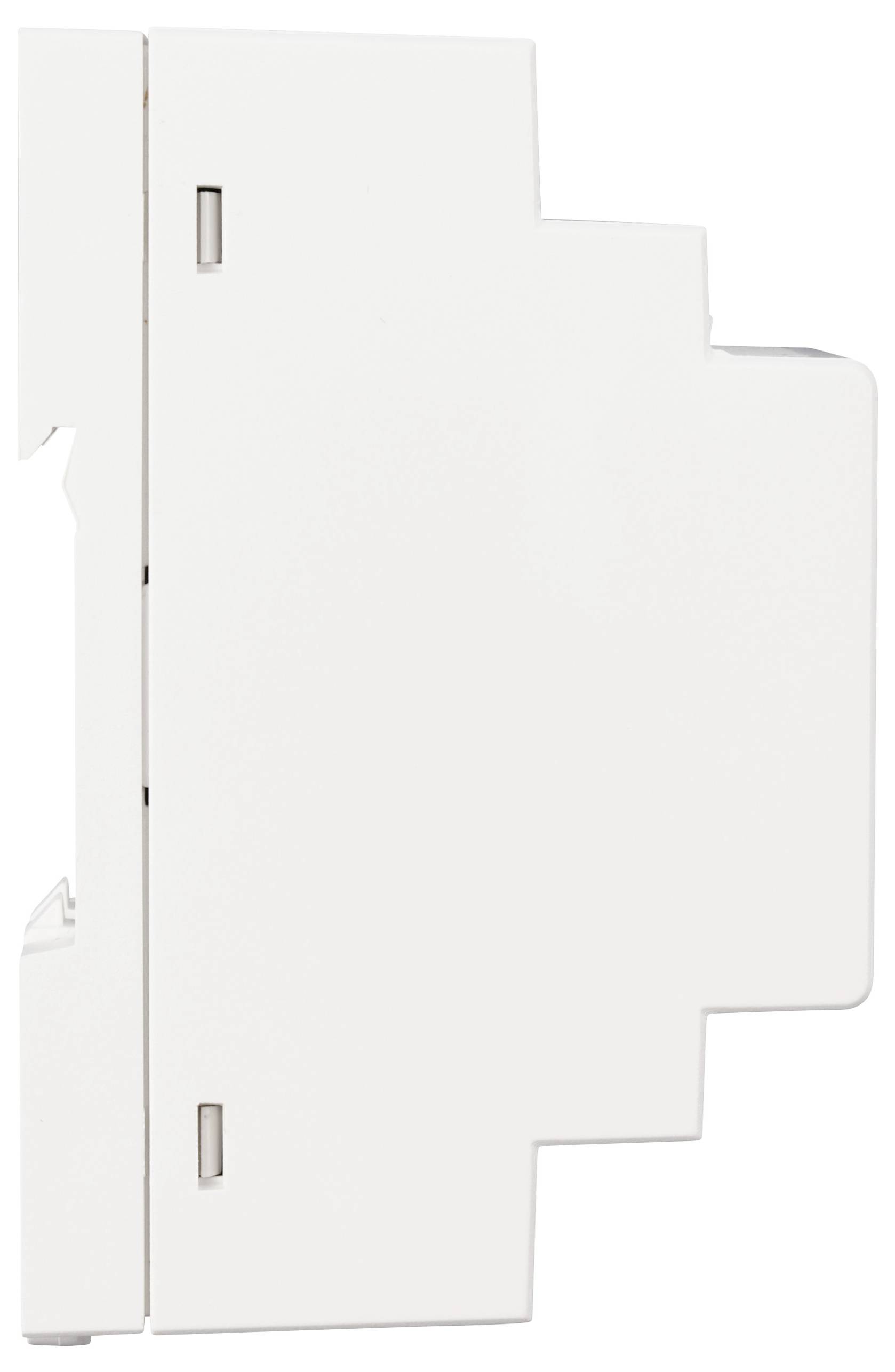 Dispositivo elettrico bianco in forma rettangolare, vista laterale. Sembra essere un coperchio di protezione per interruttori o un involucro per componenti elettrici.