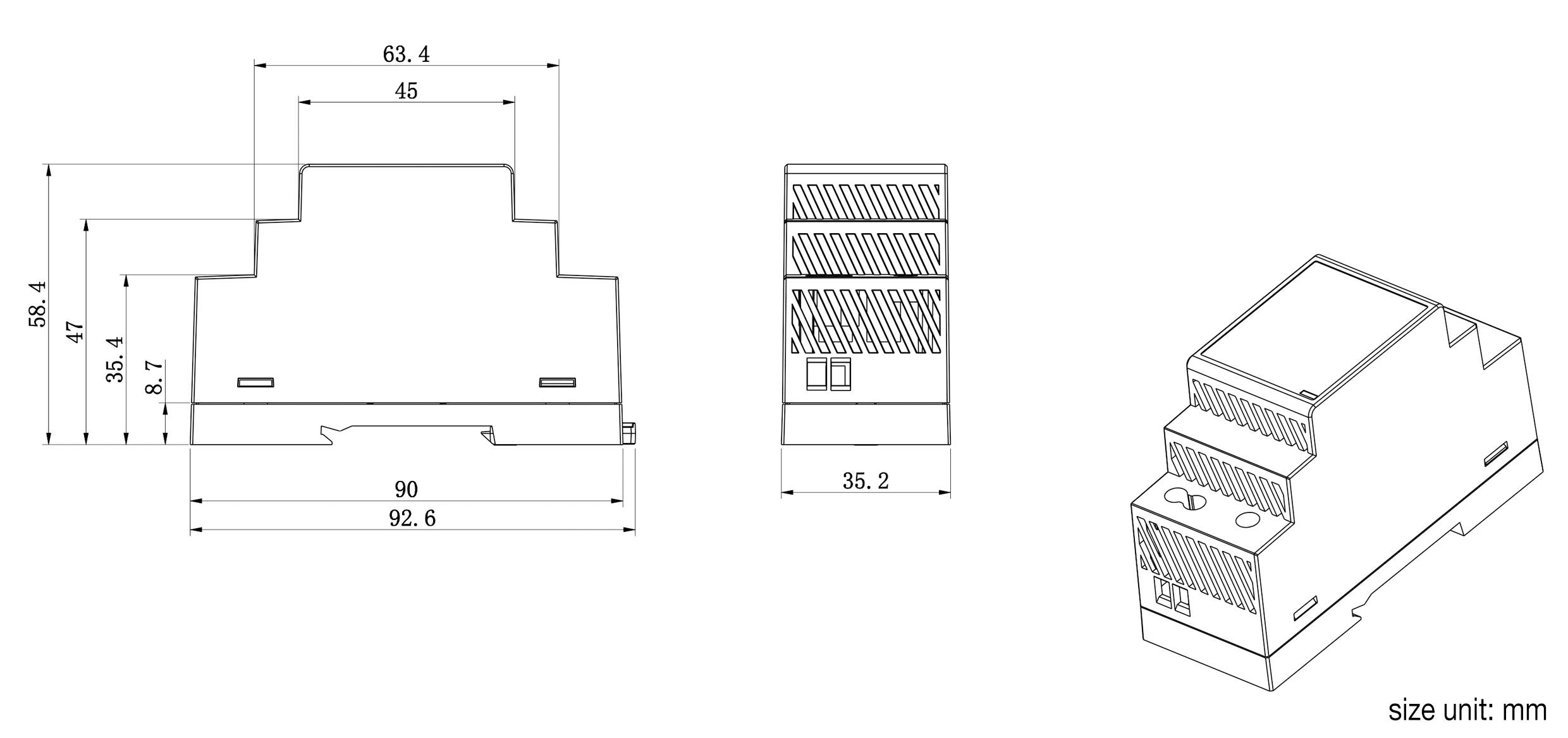Disegno tecnico di un involucro elettrico con indicazioni dimensionali: larghezza 90 mm, altezza 98,4 mm e profondità 63,4 mm.