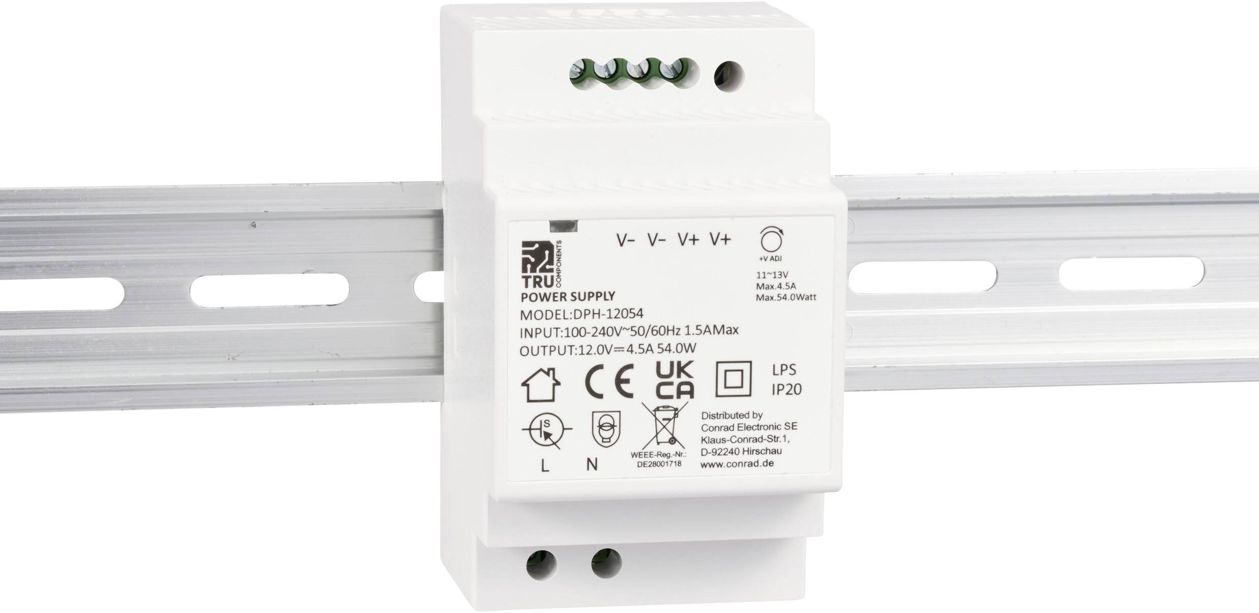 Alimentatore montato su guida DIN, modello DPH-120A, con specifiche tecniche quali tensioni di ingresso e uscita.