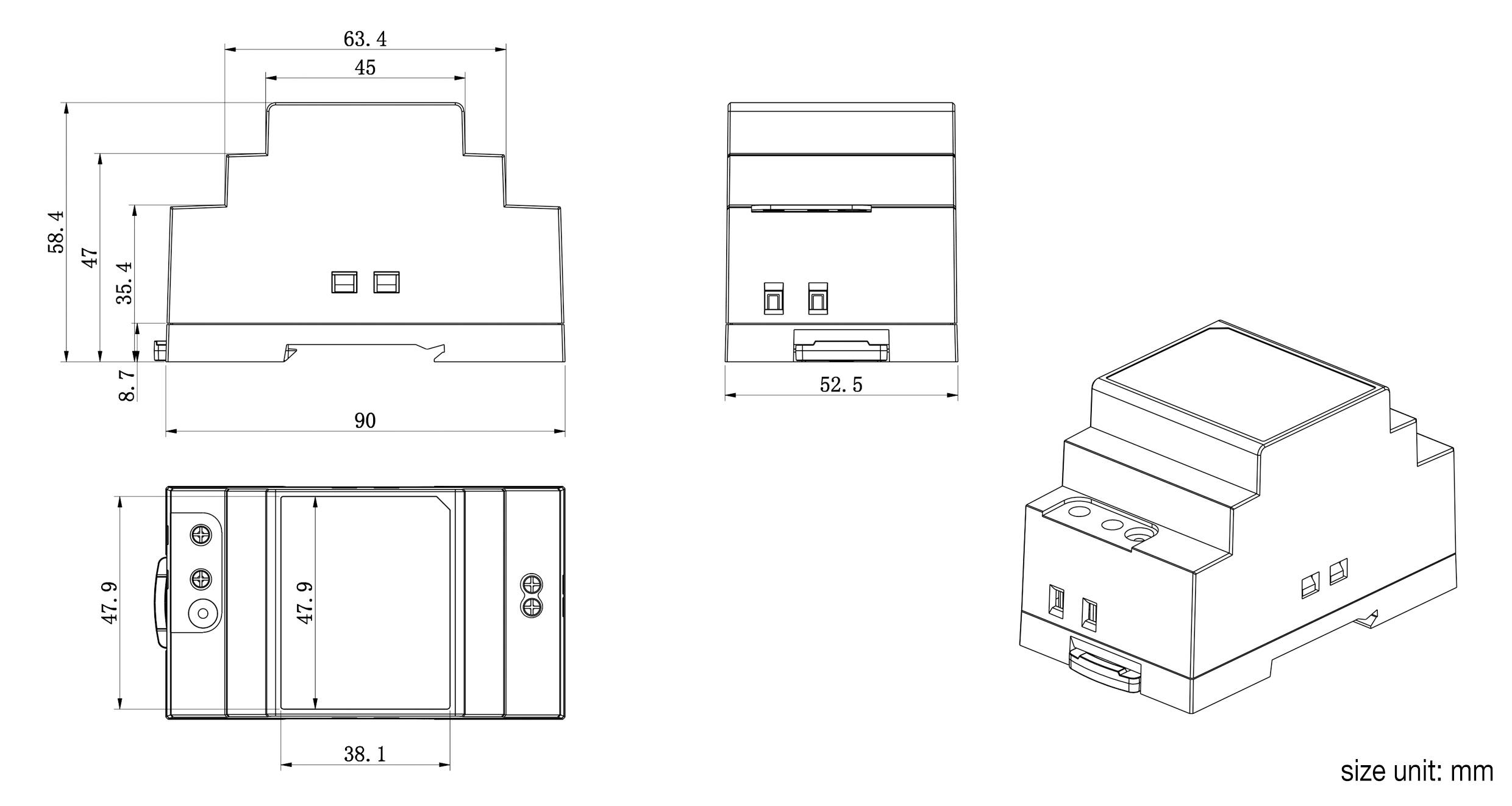 Disegno tecnico di un dispositivo rettangolare con misure dettagliate in millimetri da diverse angolazioni.