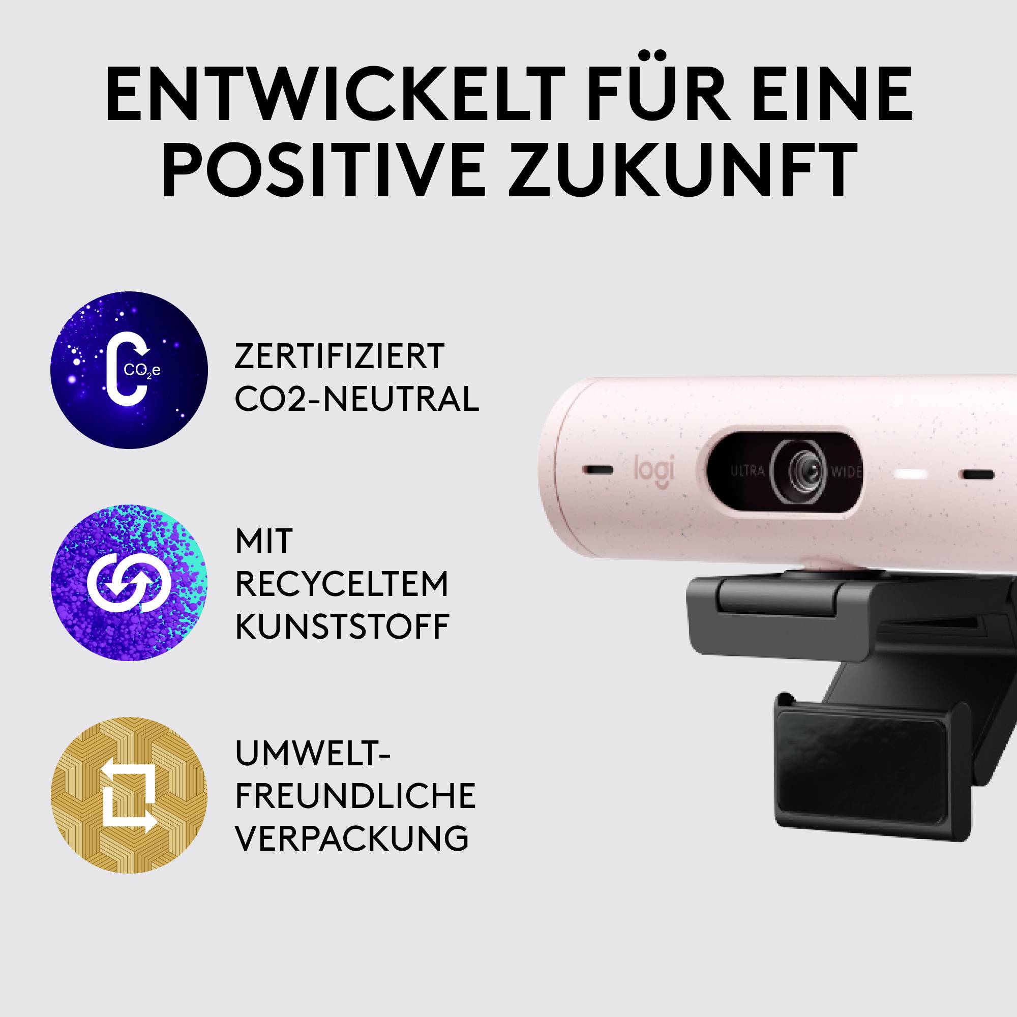 Fotocamera con certificazione 'CO2-neutrale', plastica riciclata e confezione ecologica. Testo: 'Sviluppata per un futuro positivo'.