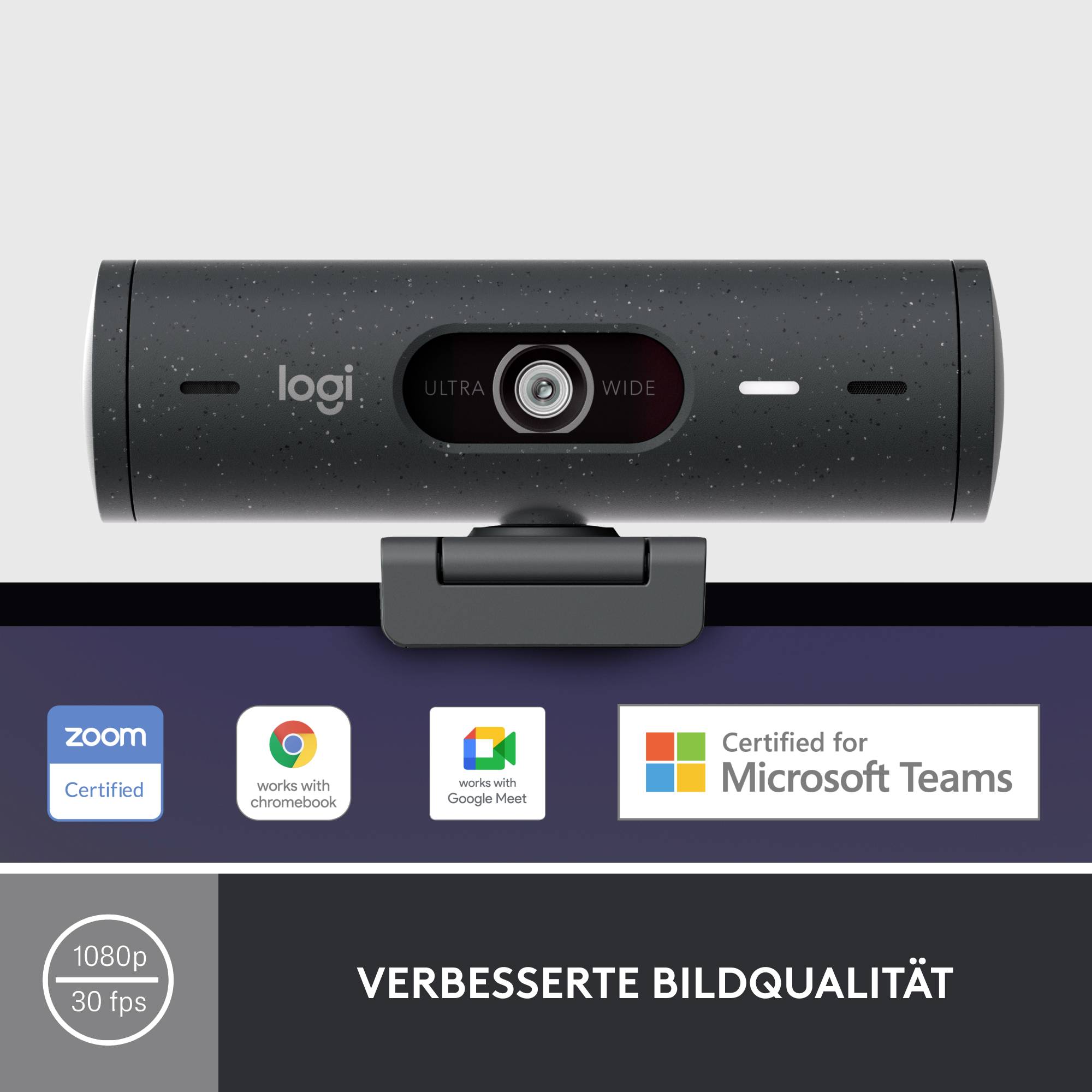 Una webcam con la scritta 'logi', supportata da Zoom, Google Meet, Microsoft Teams, offre 1080p a 30 fps, con qualità video migliorata.