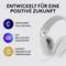 Un moderno headset con il testo 'Sviluppato per un futuro positivo'. I simboli mostrano certificati di neutralità carbonica e riciclaggio.