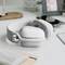 Delle cuffie over-ear bianche sono posizionate su una scrivania, circondante da oggetti sfocati come una cornice e dei libri.