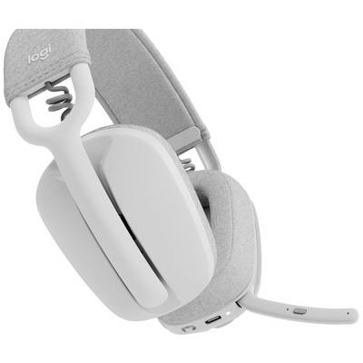 Cuffie wireless Logitech grigie con braccio del microfono, cuscinetti auricolari e archetto regolabile.