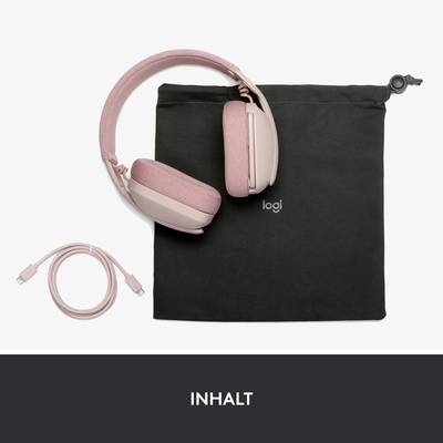 Cuffie rosa Over-Ear con un cavo USB e una custodia da trasporto nera con logo 'logi', presentate su sfondo bianco.