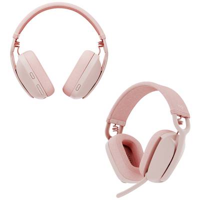 Cuffie Over-Ear Rosa con Microfono, una immagine mostra i padiglioni auricolari e i tasti di controllo, l'altra mostra l'archetto regolabile e la posizione del microfono.