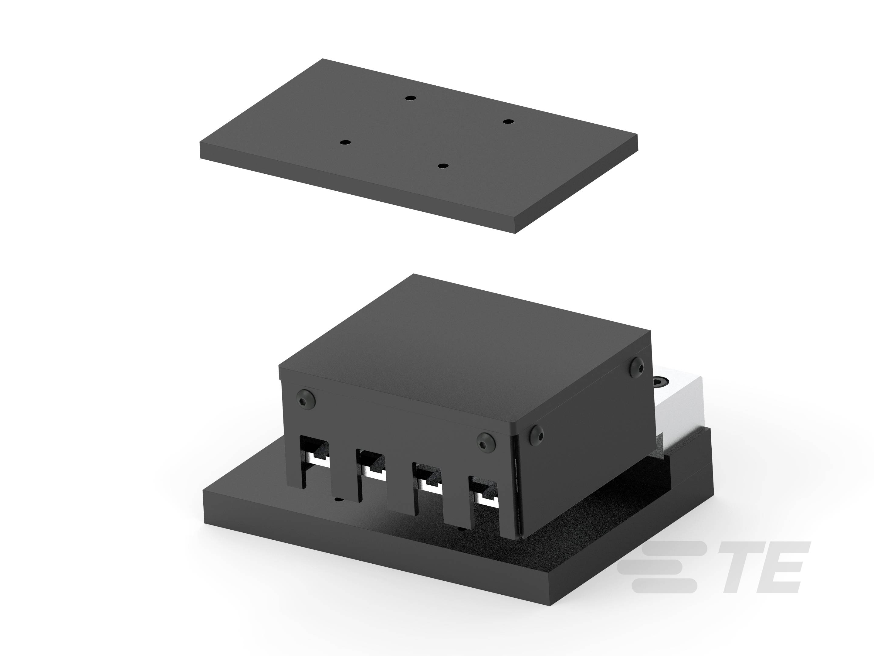 Custodia elettronica nera rettangolare con connessioni visibili, parzialmente aperta, su sfondo bianco.