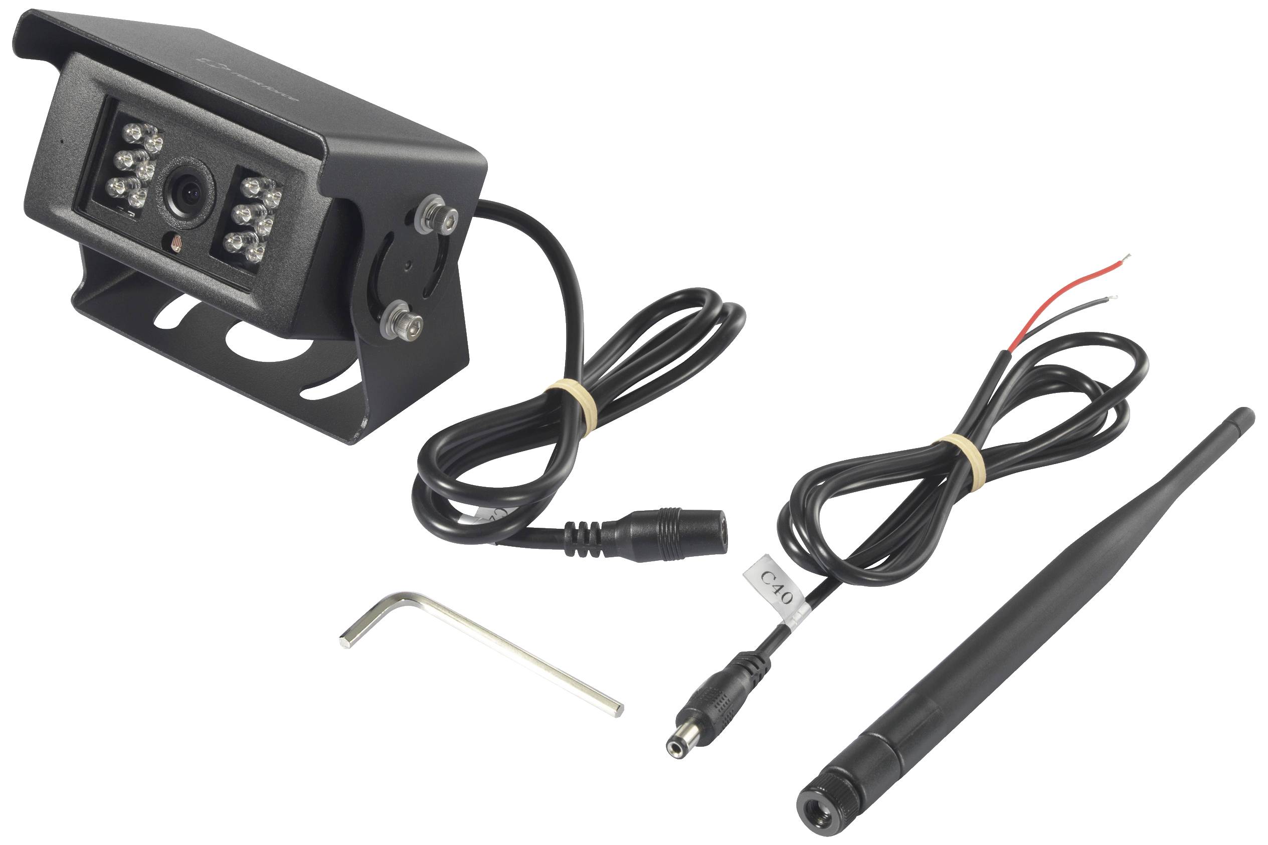 Set telecamera retromarcia: include una telecamera con LED a infrarossi, un cavo di alimentazione, un'antenna e una chiave esagonale per il montaggio.