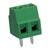 Connettore verde a due poli con blocco a morsetto e piedini metallici laterali per il collegamento elettrico.
