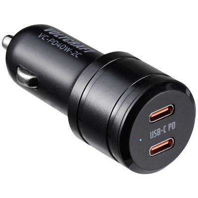 Un caricabatterie per auto nero con due porte USB-C. Iscrizione: 'VOLCRAFT VC-PD40W-2C' e 'USB-C PD'.