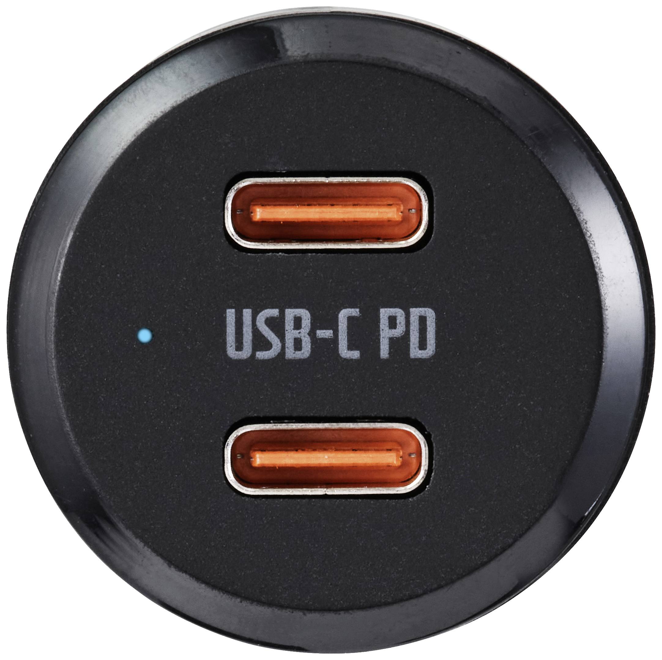 'Caricabatterie nero USB-C PD con due porte arancioni disposte in modo circolare e una piccola luce blu.'