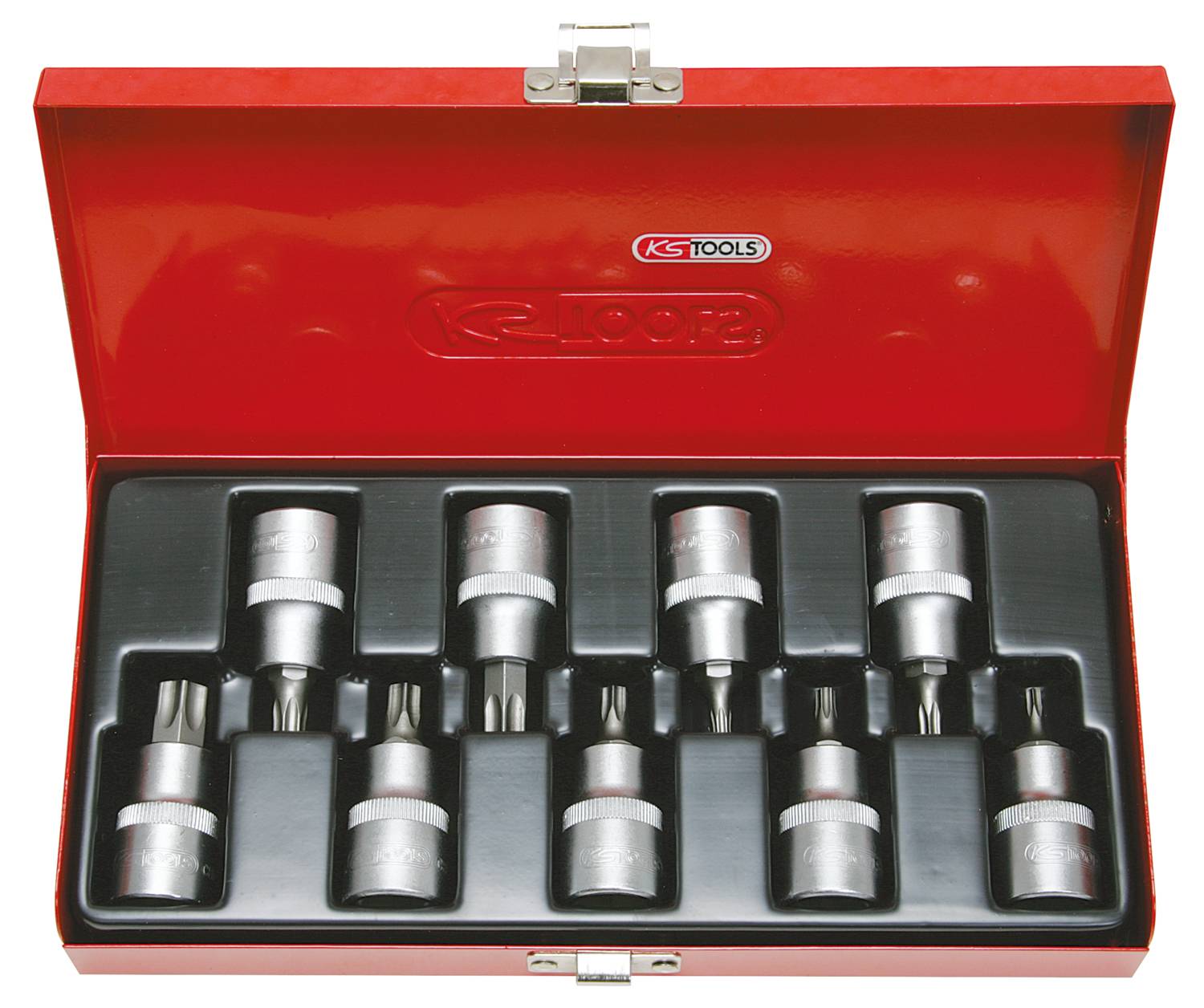 Custodia metallica rossa con diversi inserti per chiavi a bussola di dimensioni differenti. Scritta 'KS Tools' all'interno.