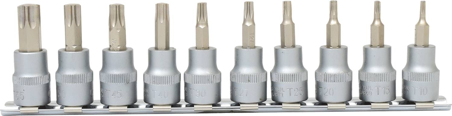 Set di dieci bit per cacciavite in argento di diverse dimensioni, disposti in fila su un supporto.
