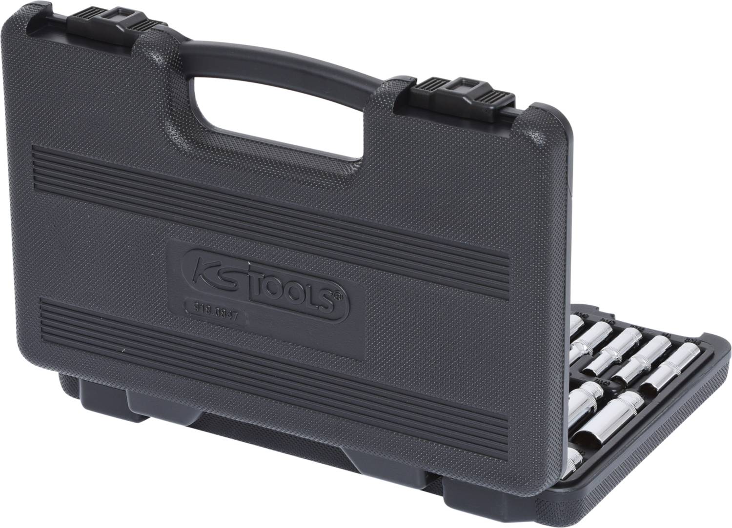 Un contenitore degli attrezzi grigio con il marchio 'KS Tools', parzialmente aperto, mostra diverse chiavi a bussola all'interno.