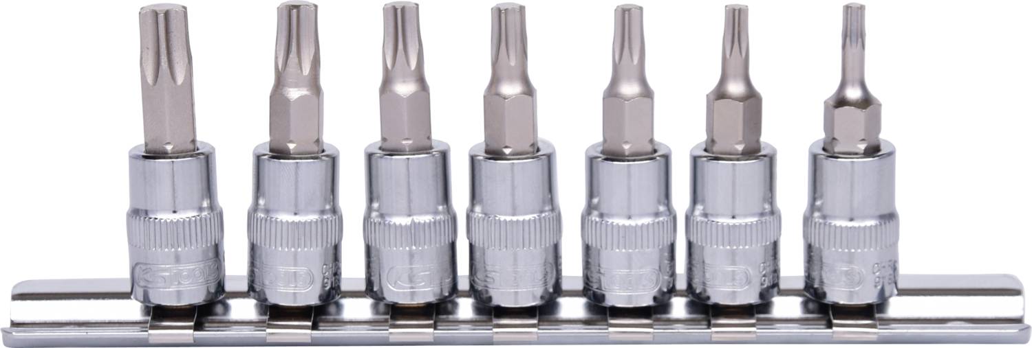 Set di bit Torx a sei pezzi con finitura cromata su guida. Gli utensili di varie dimensioni sono disposti uno accanto all'altro.