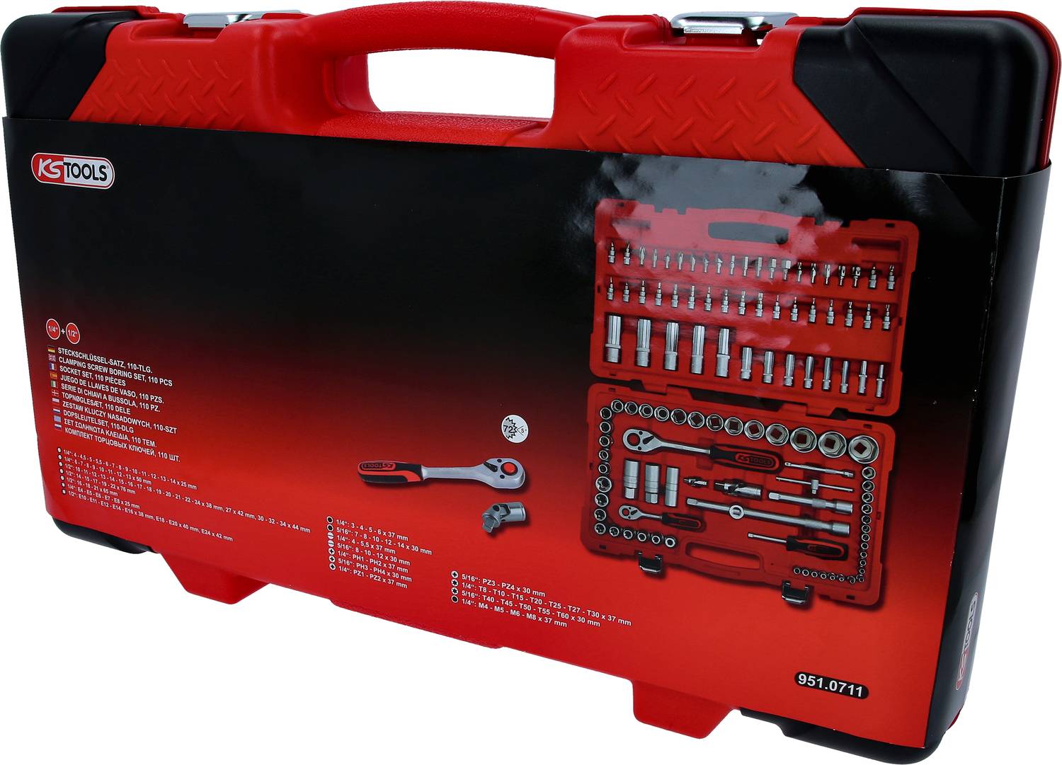 Un set di attrezzi rosso di KS Tools con cricchetto e set di chiavi a bussola, con gli attrezzi e i dettagli dell'attrezzatura illustrati.