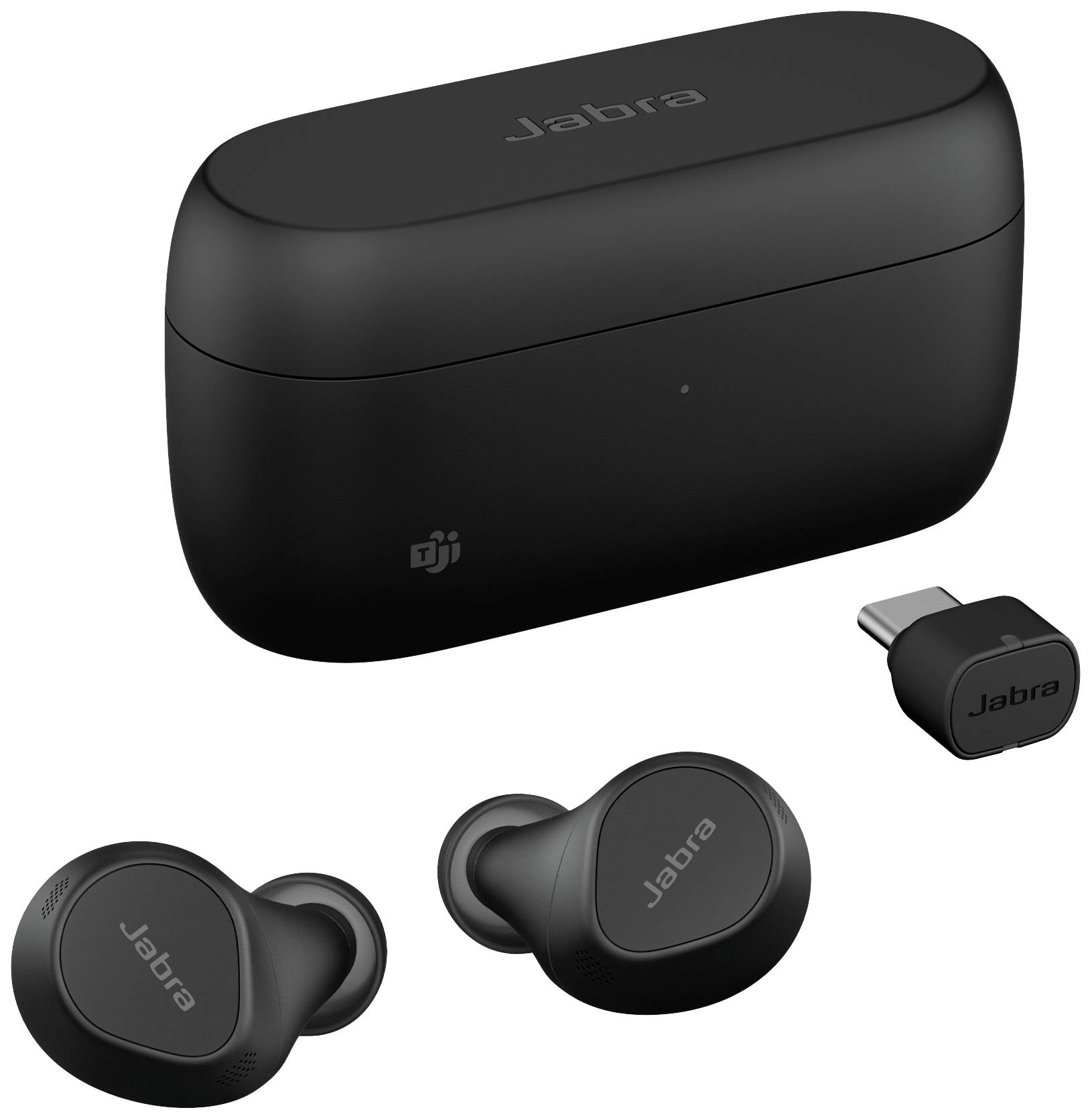 Auricolari wireless Jabra neri con custodia di ricarica e dongle USB, vista in tre parti: custodia di ricarica in alto, auricolari e dongle sotto.