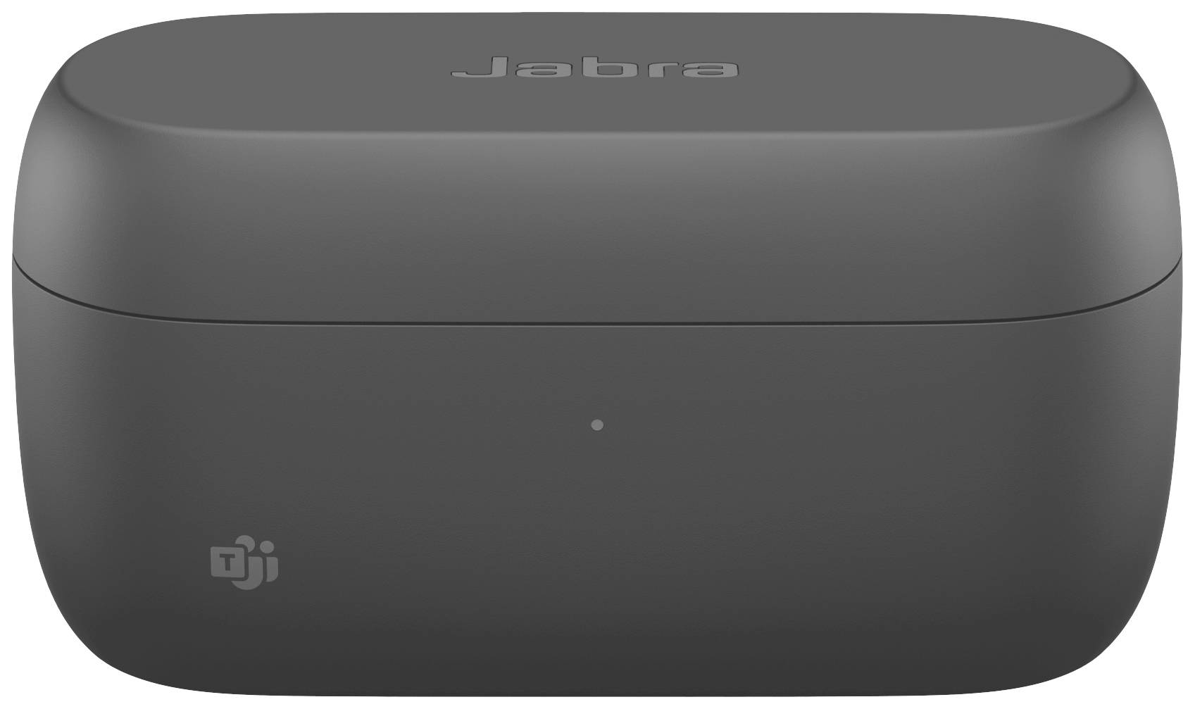 Custodia scura per auricolari con logo Jabra, adatta per cuffie wireless.