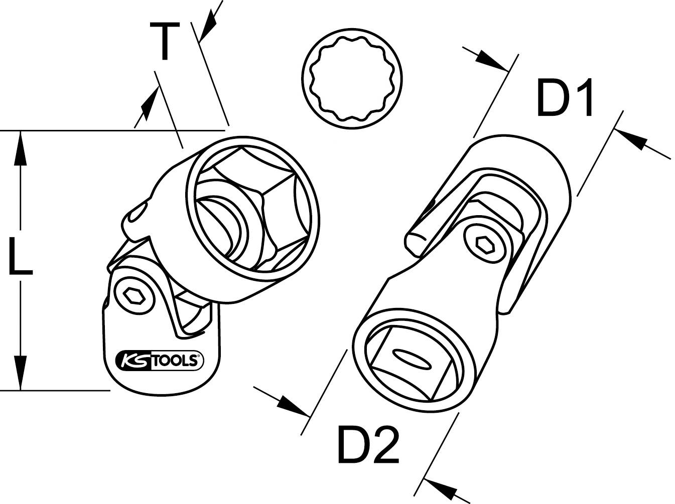 Disegno tecnico di un dado con due dimensioni. Etichetta con logo. Frecce che indicano le dimensioni L, T, D1 e D2.