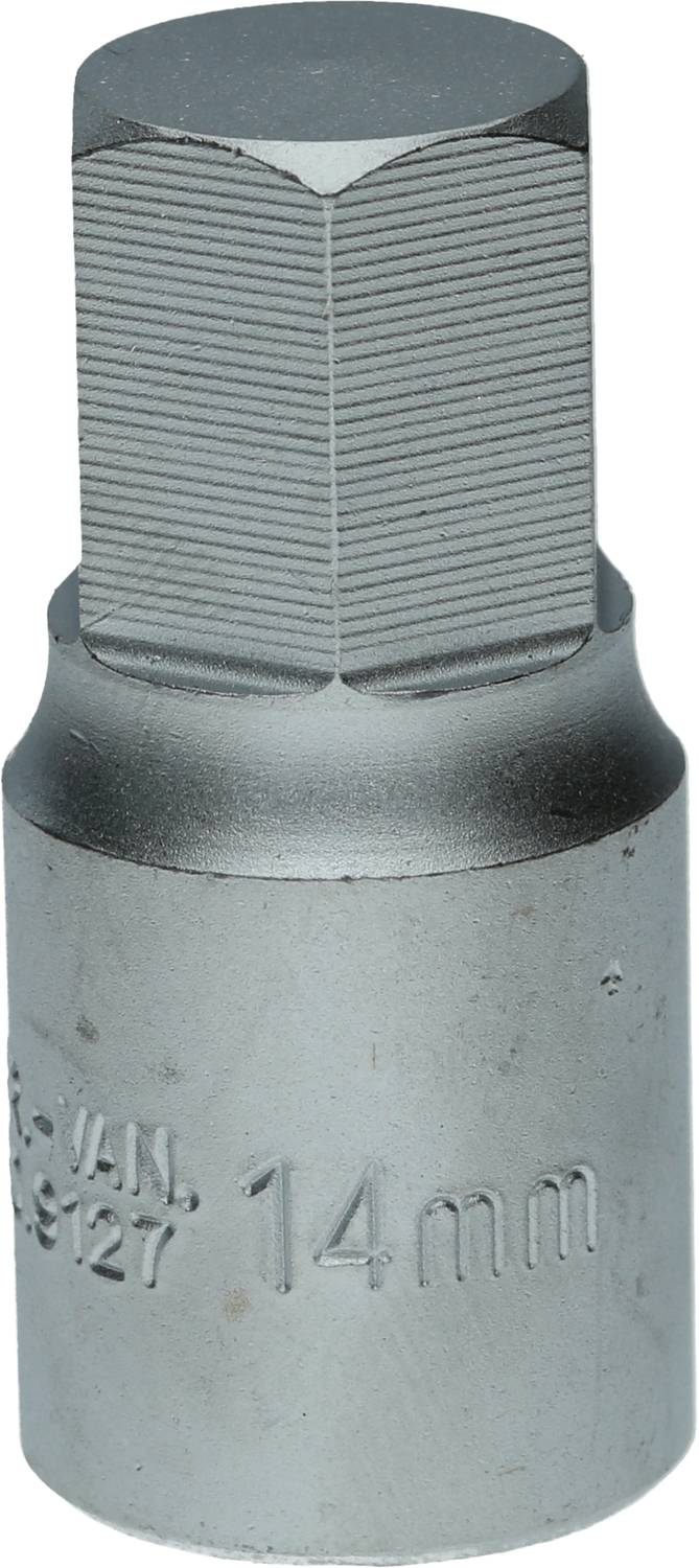 Chiave a bussola metallica da 14 mm, su sfondo chiaro. Utensile per manutenzione o riparazione con attacco esagonale.