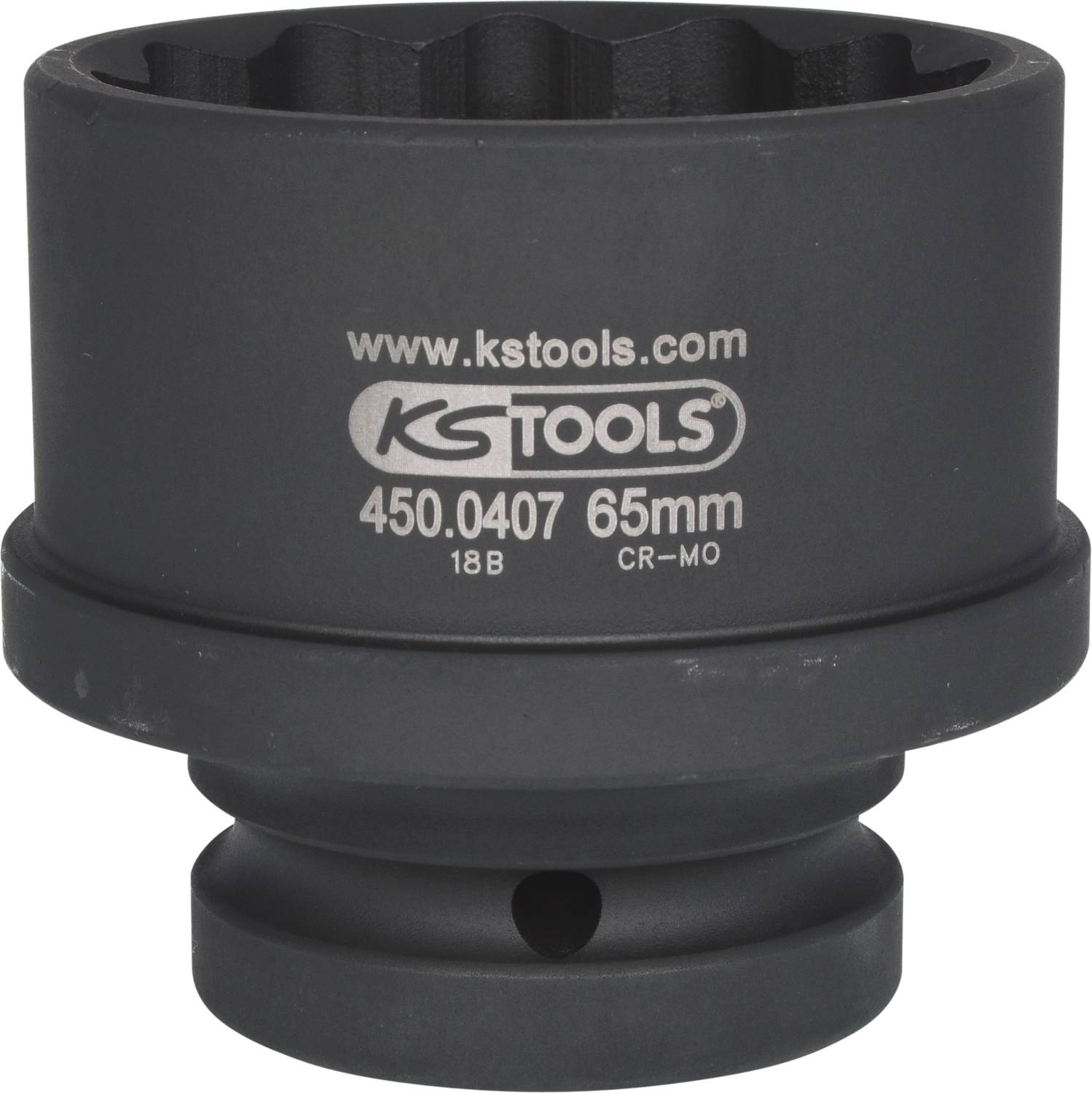 'Attrezzo speciale di KS Tools, nero, con scritta "www.kstools.com", codice articolo 450.0407, dimensione 65mm, materiale CR-MO.'