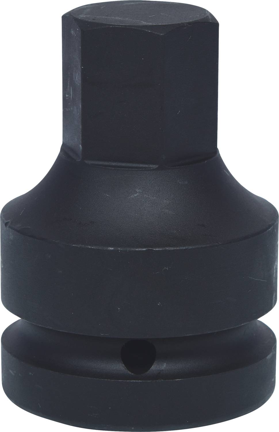 Un adattatore per chiavi in metallo nero con testa esagonale e corpo circolare. Utilizzato per collegare utensili di dimensioni diverse.