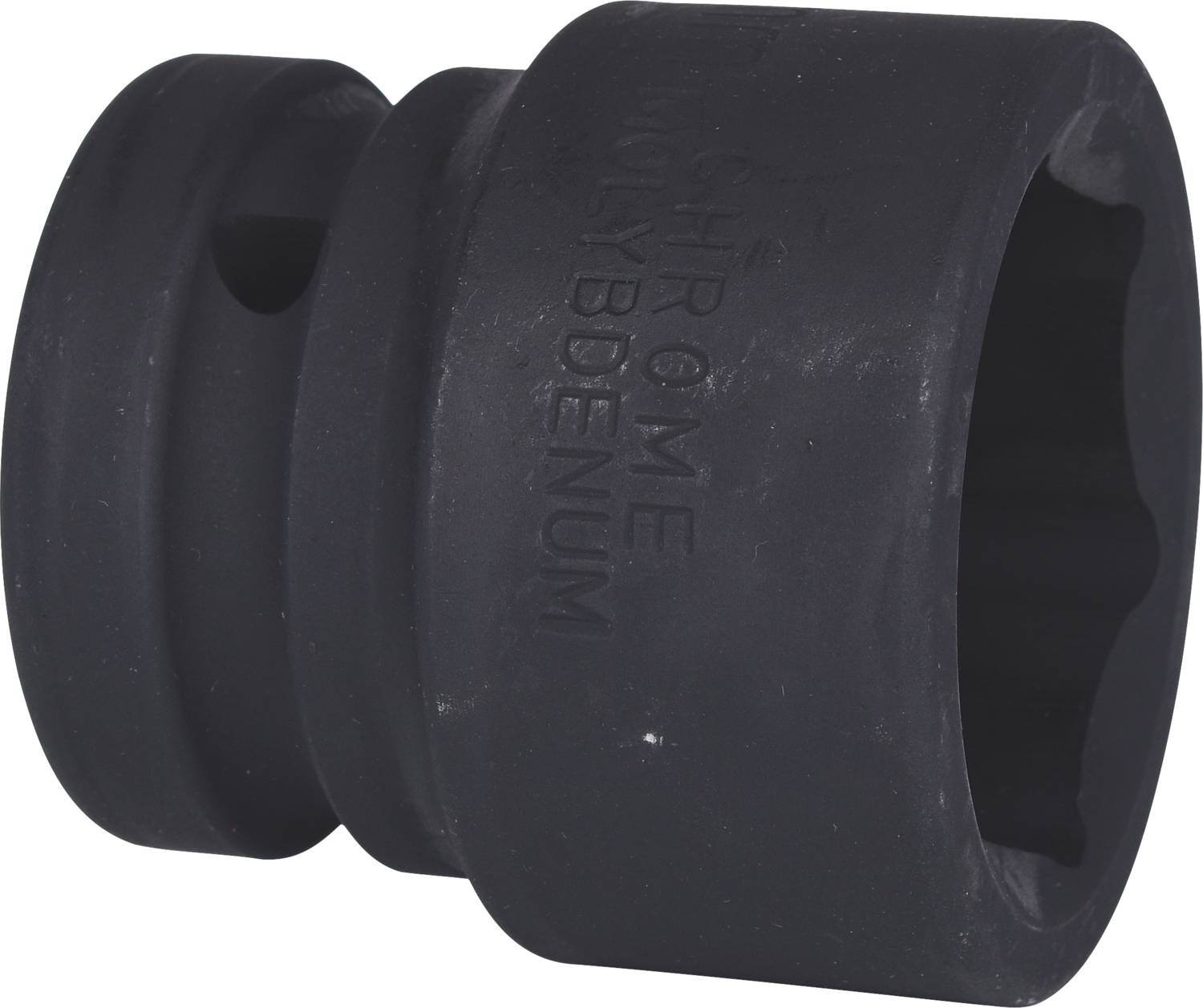 Dado in metallo nero con scritta impressa 'Chrome Molybdenum', mostra una costruzione robusta per lavori di avvitamento.