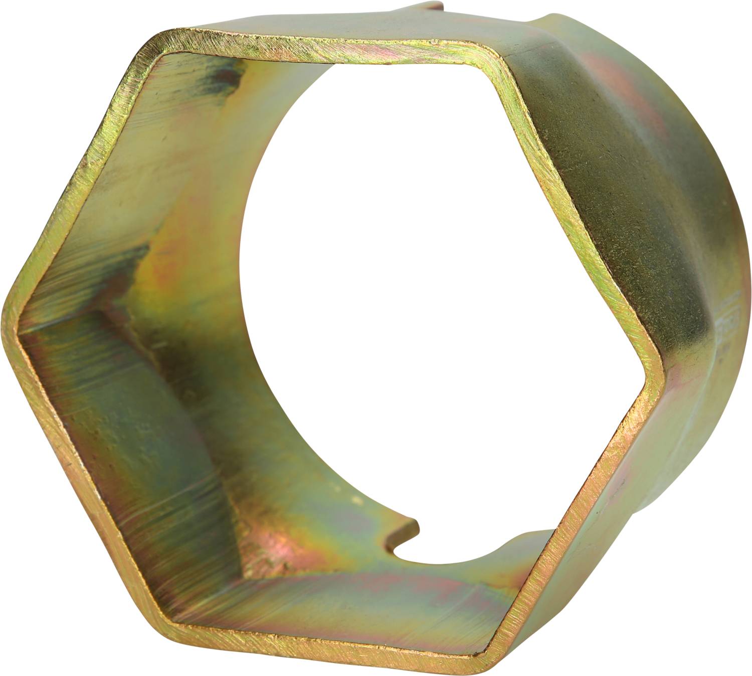 Dado metallico di forma esagonale realizzato in materiale color oro, parzialmente ossidato.
