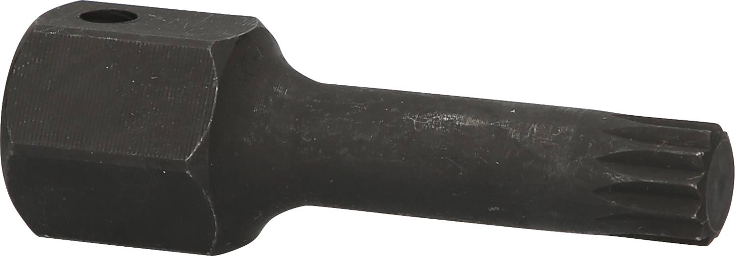 Un inserto per chiave a bussola in acciaio nero, di forma cilindrica, con punta scanalata e testa esagonale. Adatto per lavori meccanici.
