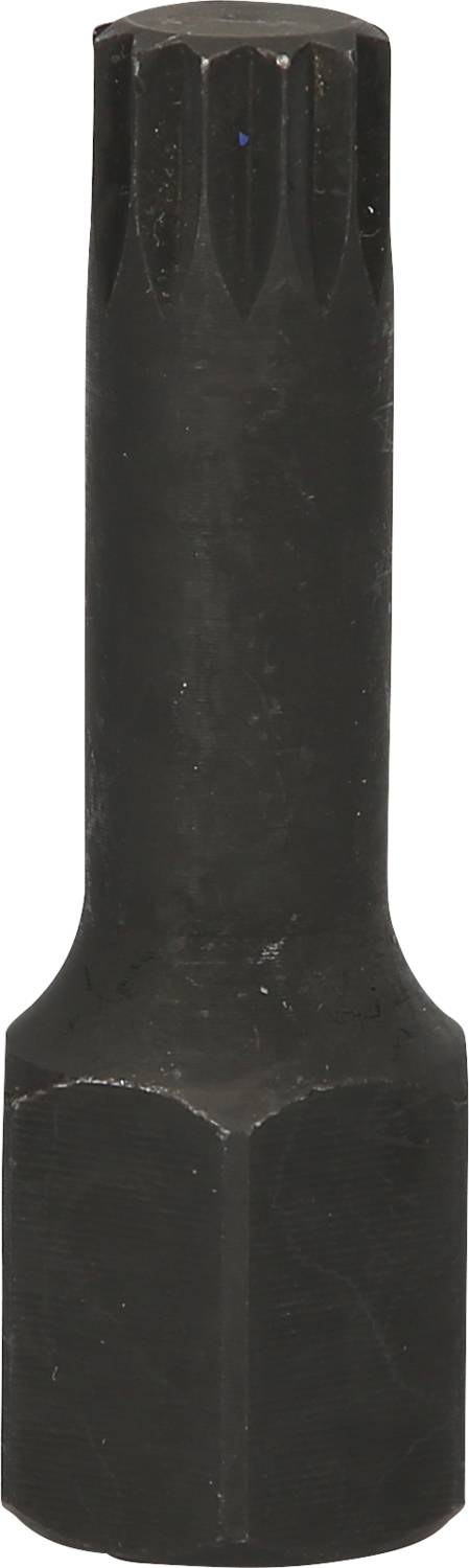 Un inserto per chiave a bussola nero, metallico, con punta dentata e base esagonale, utilizzato per connessioni di viti speciali.