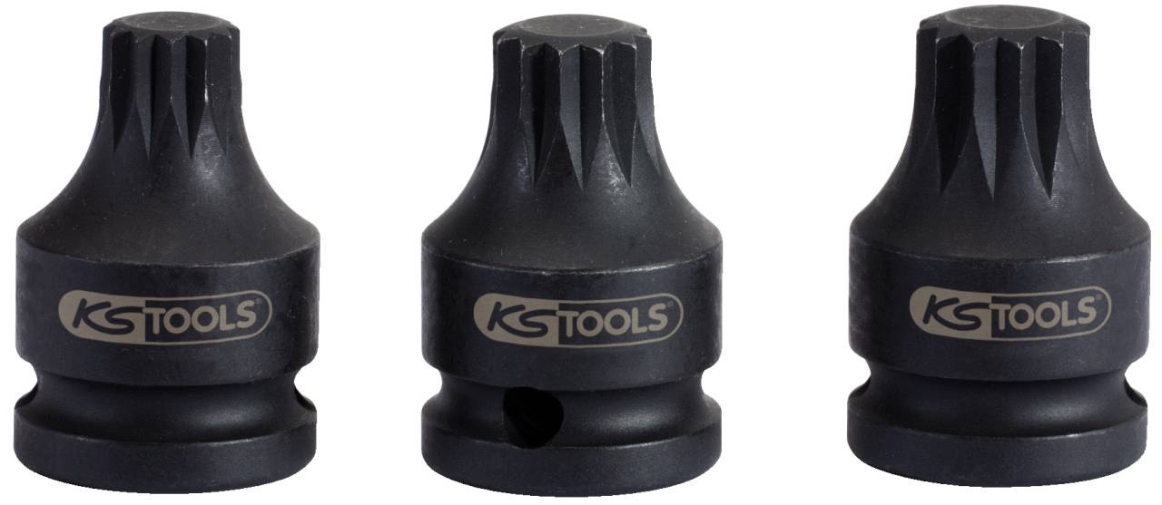 Tre inserti per chiavi a impulso neri con scanalature e logo 'KS TOOLS', disposti in fila uno accanto all'altro.