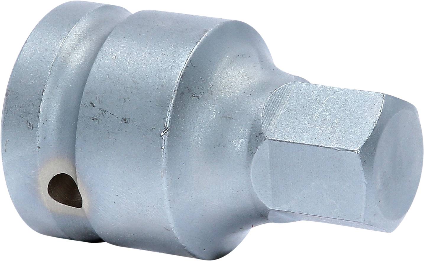 Adattatore metallico con corpo cilindrico e testa esagonale, utilizzato per collegare utensili con diverse configurazioni di azionamento.