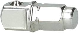 Adattatore metallico, color argento, forma cilindrica con profilo esagonale e vite su un lato, utilizzato per connessioni.