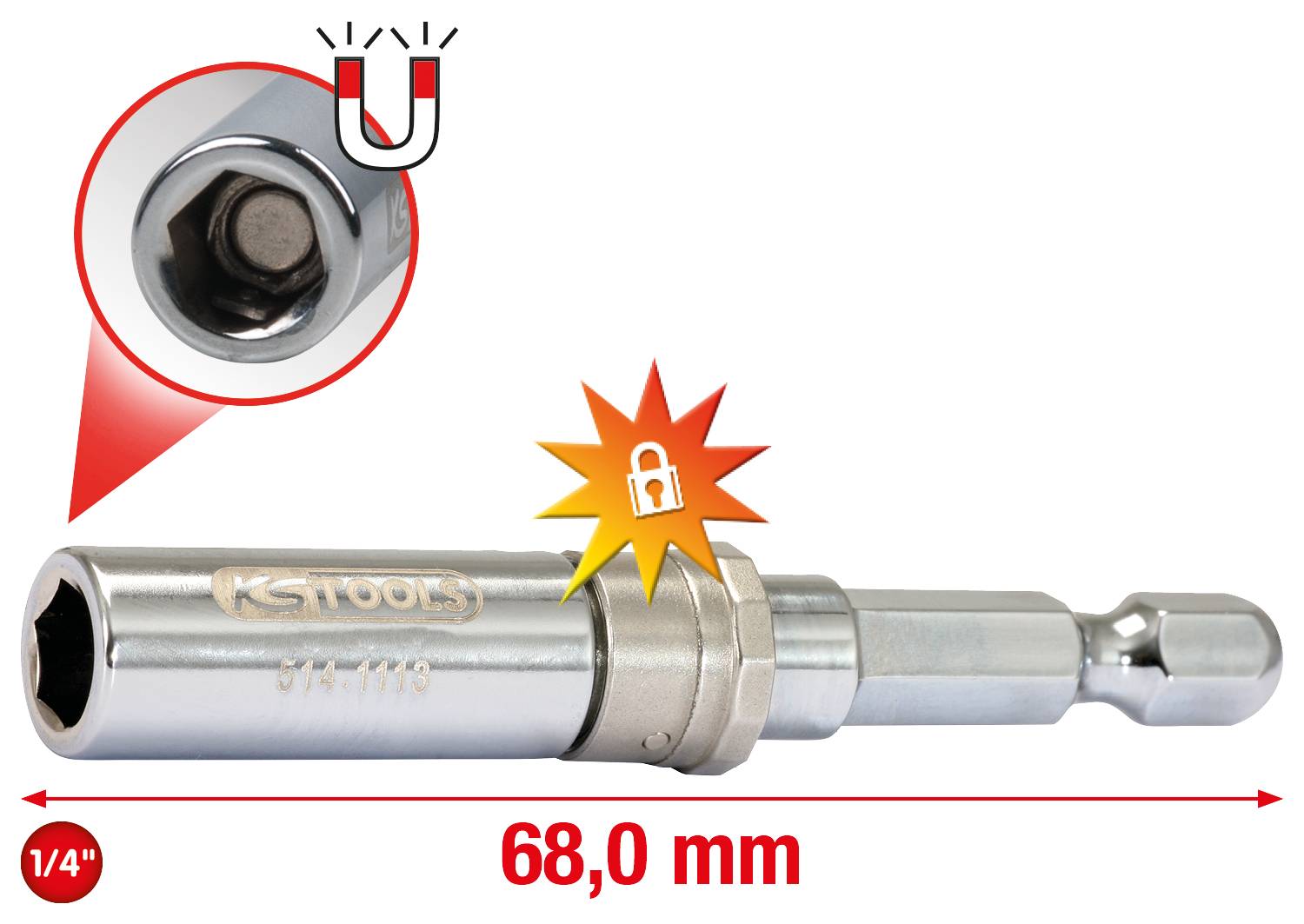 Bussola per bit da 1/4" con magnete in finitura cromata, lunghezza 68 mm. Include un simbolo per il magnete e un lucchetto di sicurezza.