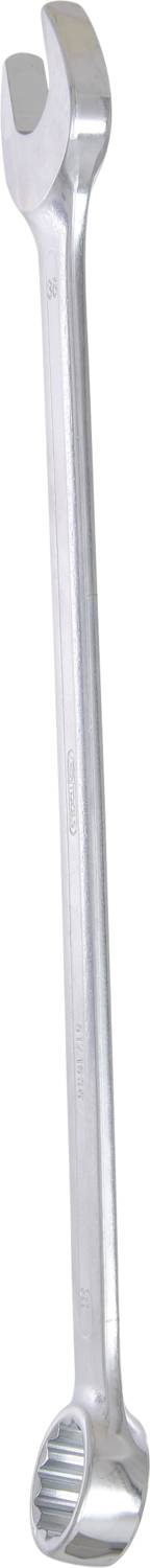 Una chiave inglese d'argento con un lato aperto e un lato a forcella, principalmente utilizzata per serrare dadi o viti.