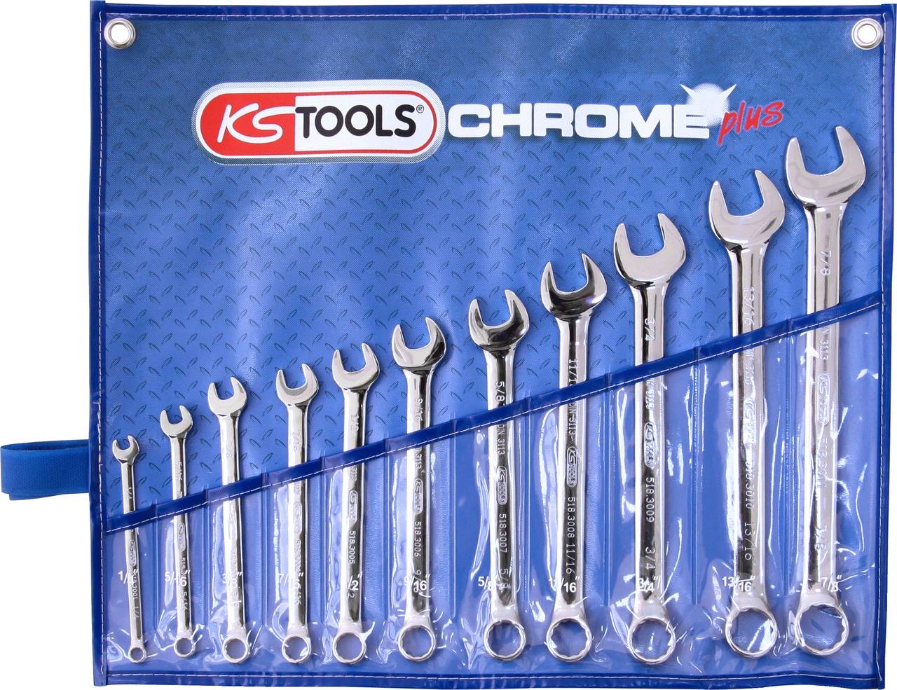 Set di dodici chiavi inglesi di diverse dimensioni in un supporto blu. Stampato: KS TOOLS CHROME plus.