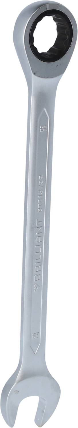 Una chiave ad anello in argento con funzione a cricchetto, con profilo tondo in alto e forcella in basso. Utensile per serrare viti.