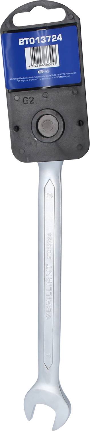 Un chiave inglese argentata in un imballaggio di plastica blu con la scritta 'BT013724' e un codice a barre in alto.
