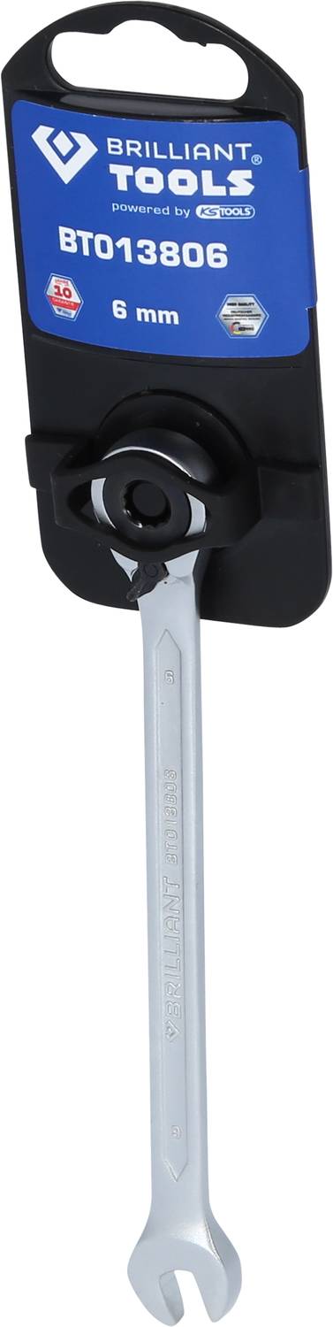 Chiave ad anello aperta Brilliant Tools, modello BT013806, misura 6 mm, su confezione nera con etichettatura blu.
